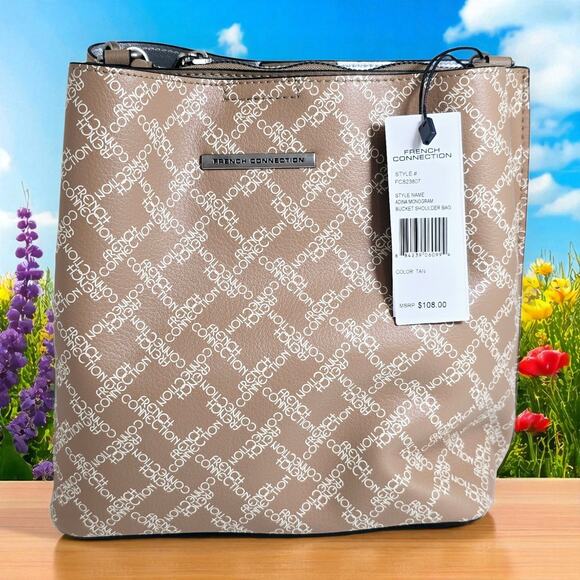 French Connection ADINA Monogram Bucket Shoulder Bag Tan NWT $108 MSRP - Picture 1 of 12
